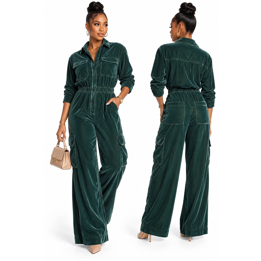Universal Thread Womens Velvet Cargo Jumpsuit Green Long Sleeve Size 2 NWT